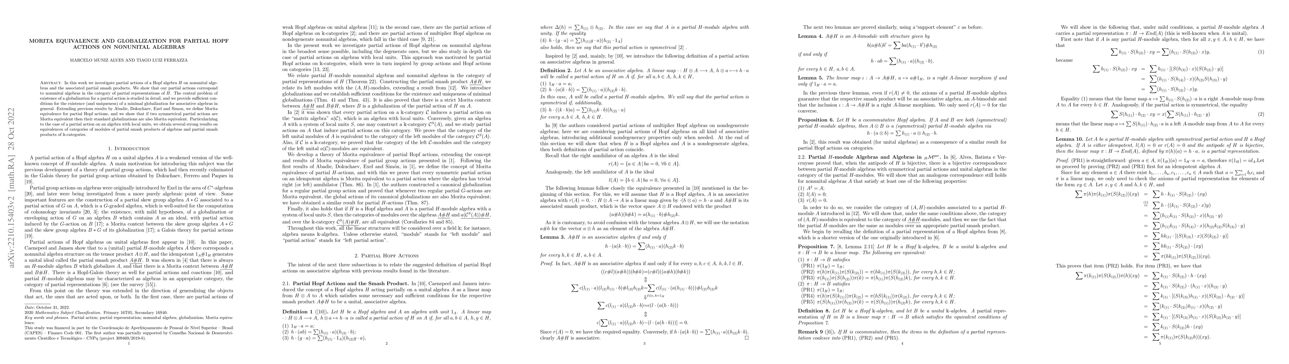Thumbnail for Morita equivalence and globalization for partial Hopf actions on
  nonunital algebras
