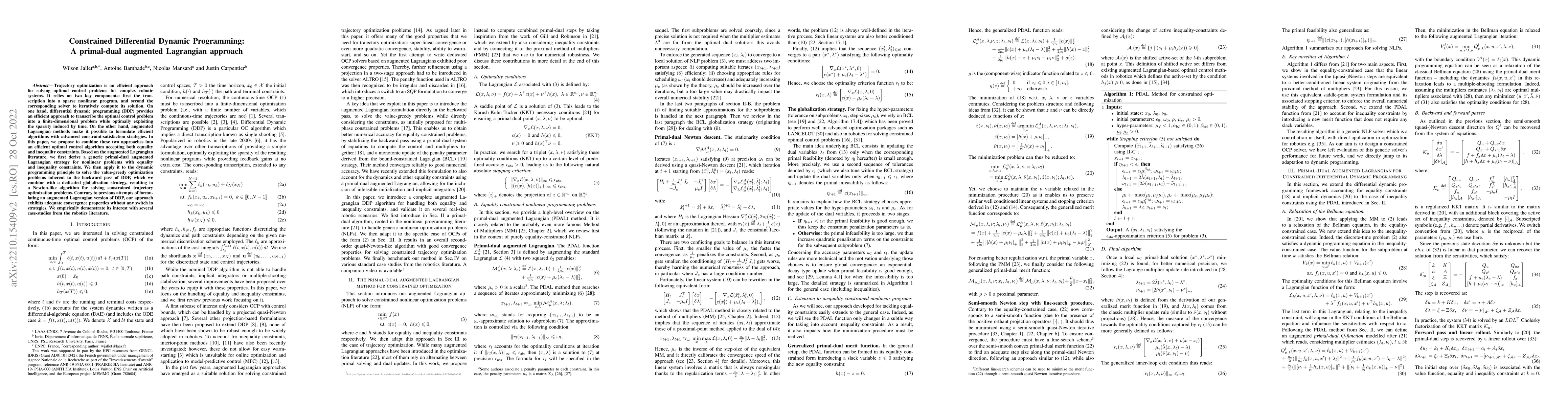 Thumbnail for Constrained Differential Dynamic Programming: A primal-dual augmented
  Lagrangian approach