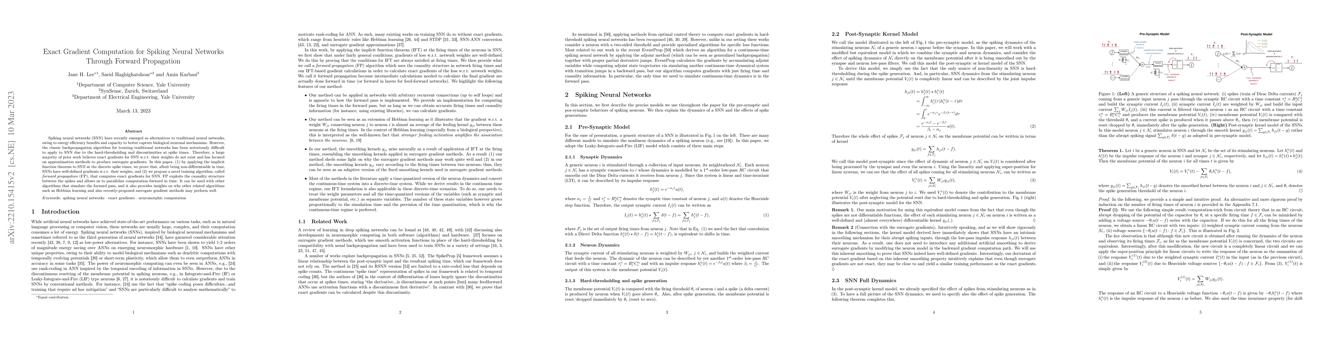 Thumbnail for Exact Gradient Computation for Spiking Neural Networks Through Forward
  Propagation