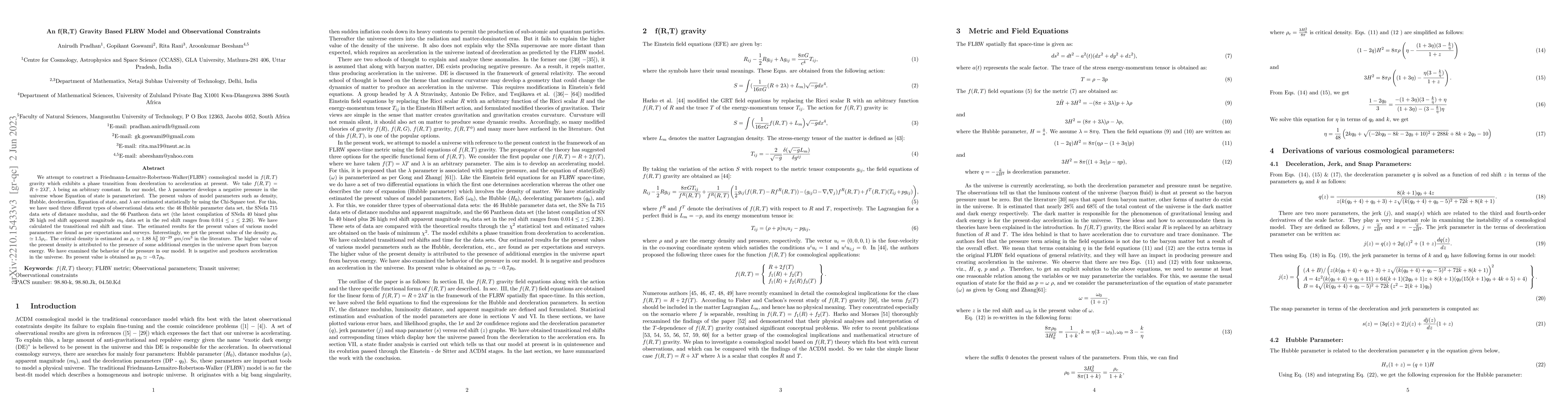 Thumbnail for An f(R,T) Gravity Based FLRW Model and Observational Constraints