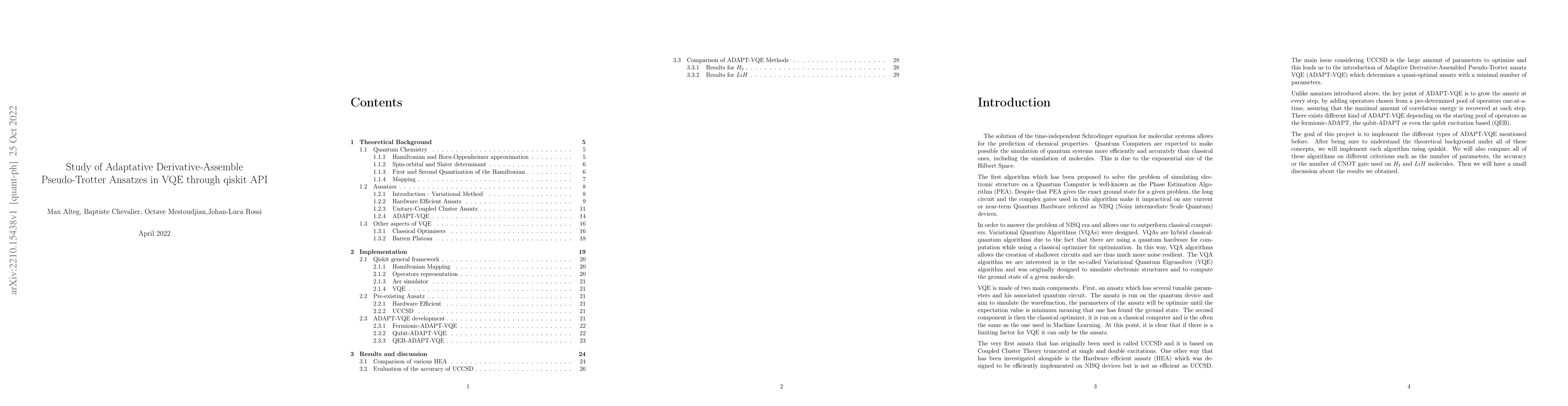 Thumbnail for Study of Adaptative Derivative-Assemble Pseudo-Trotter Ansatzes in VQE
  through qiskit API