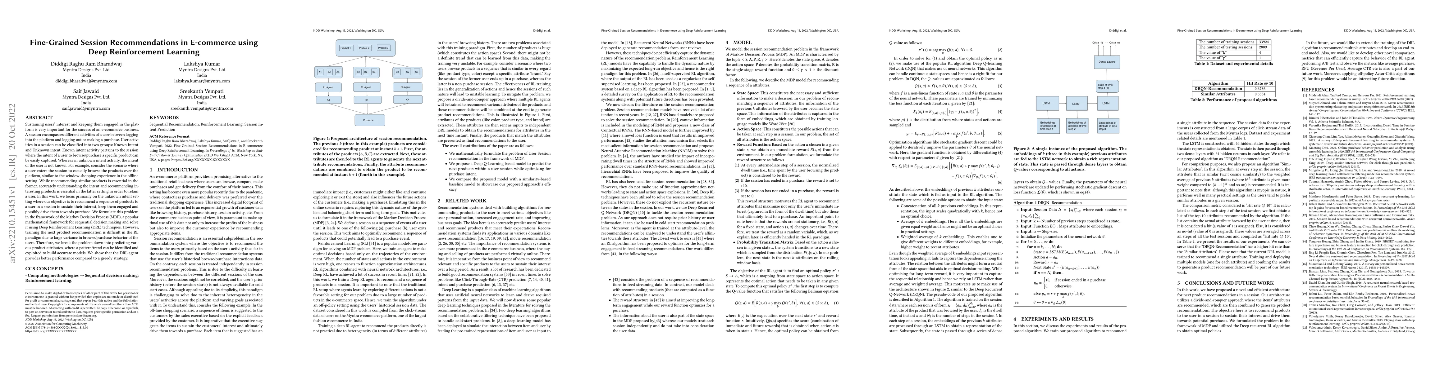 Thumbnail for Fine-Grained Session Recommendations in E-commerce using Deep
  Reinforcement Learning