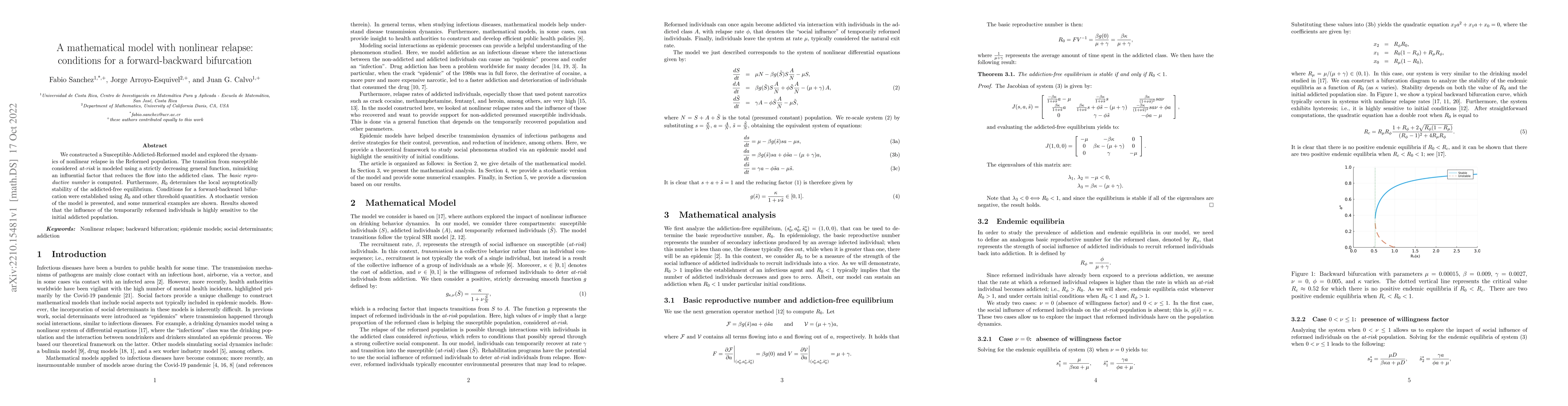Thumbnail for A mathematical model with nonlinear relapse: conditions for a
  forward-backward bifurcation