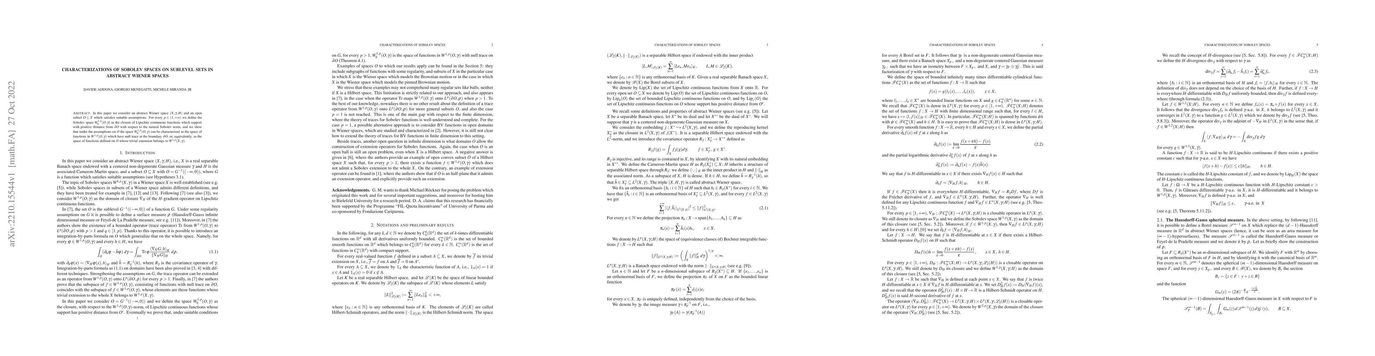Thumbnail for Characterizations of Sobolev spaces on sublevel sets in abstract Wiener
  spaces