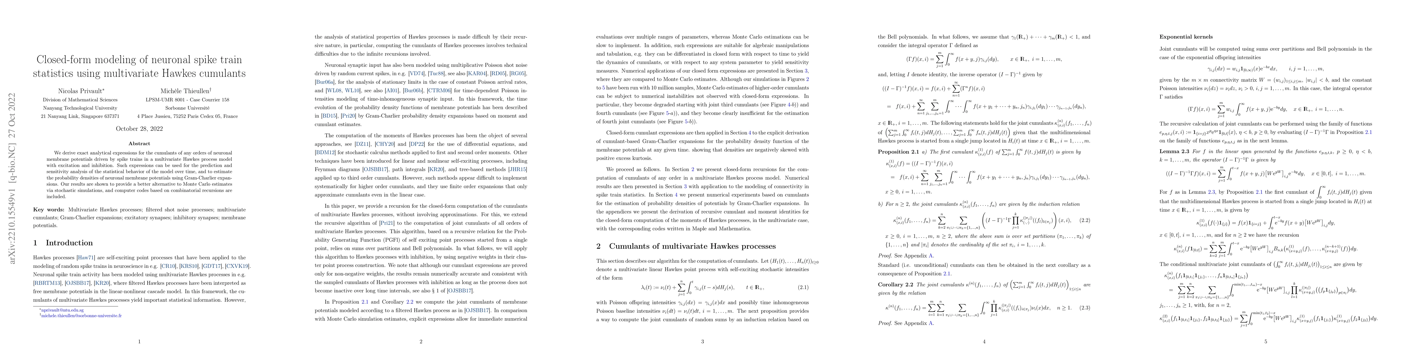 Thumbnail for Closed-form modeling of neuronal spike train statistics using
  multivariate Hawkes cumulants
