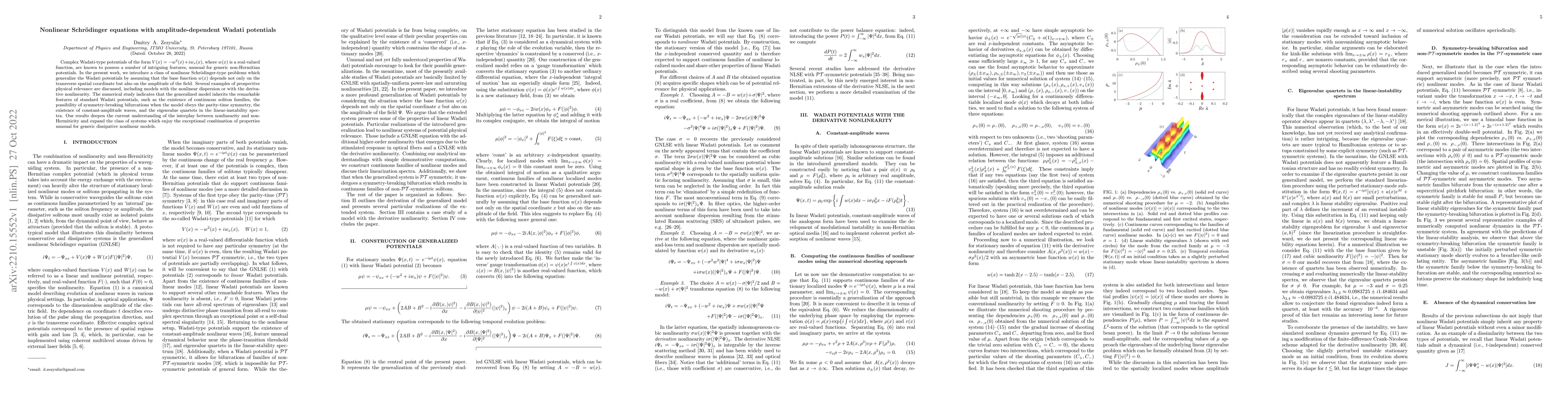 Thumbnail for Nonlinear Schr\"odinger equations with amplitude-dependent Wadati
  potentials