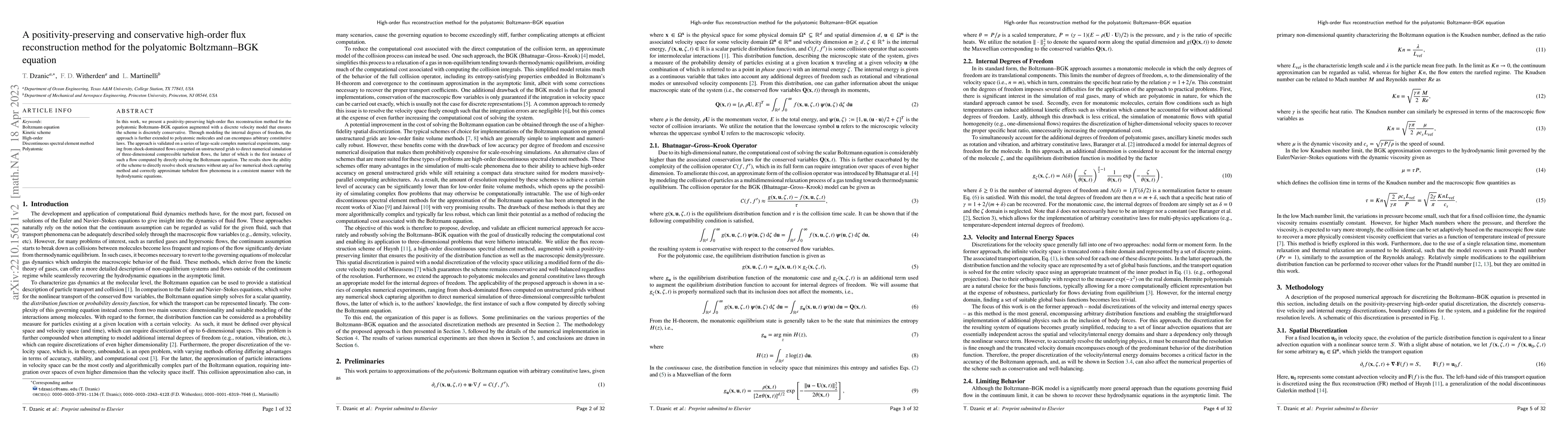 Thumbnail for A positivity-preserving and conservative high-order flux reconstruction
  method for the polyatomic Boltzmann--BGK equation