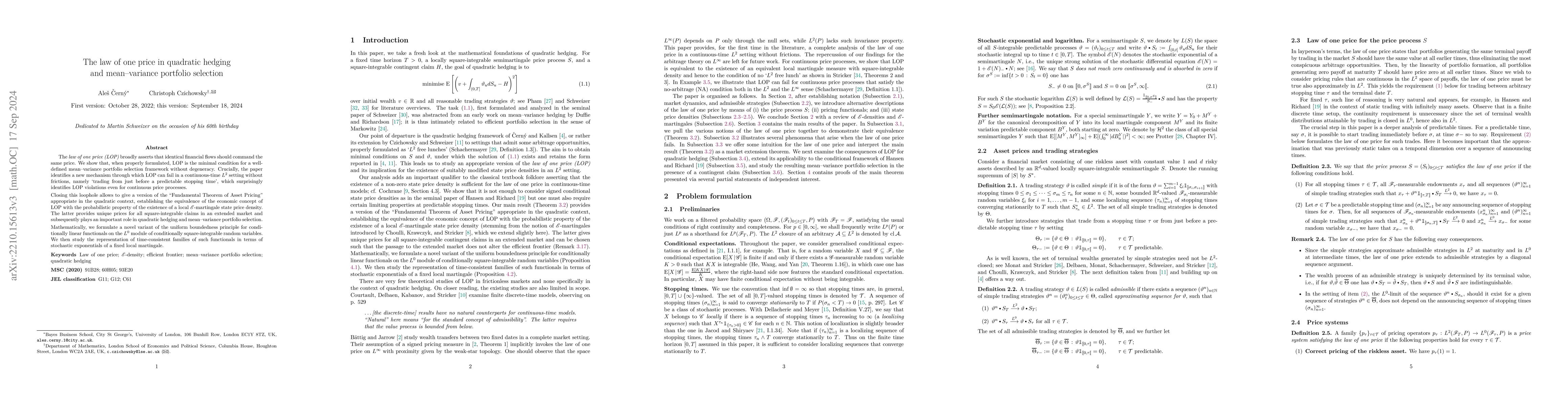 Thumbnail for The law of one price in quadratic hedging and mean-variance portfolio
  selection