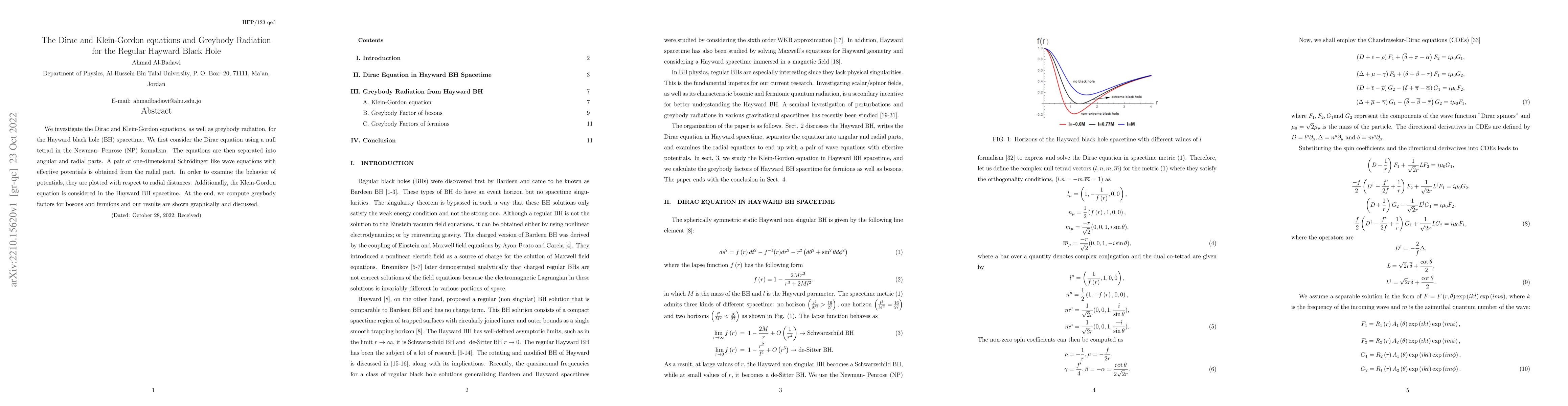 Thumbnail for The Dirac and Klein-Gordon equations and Greybody Radiation for the
  Regular Hayward Black Hole