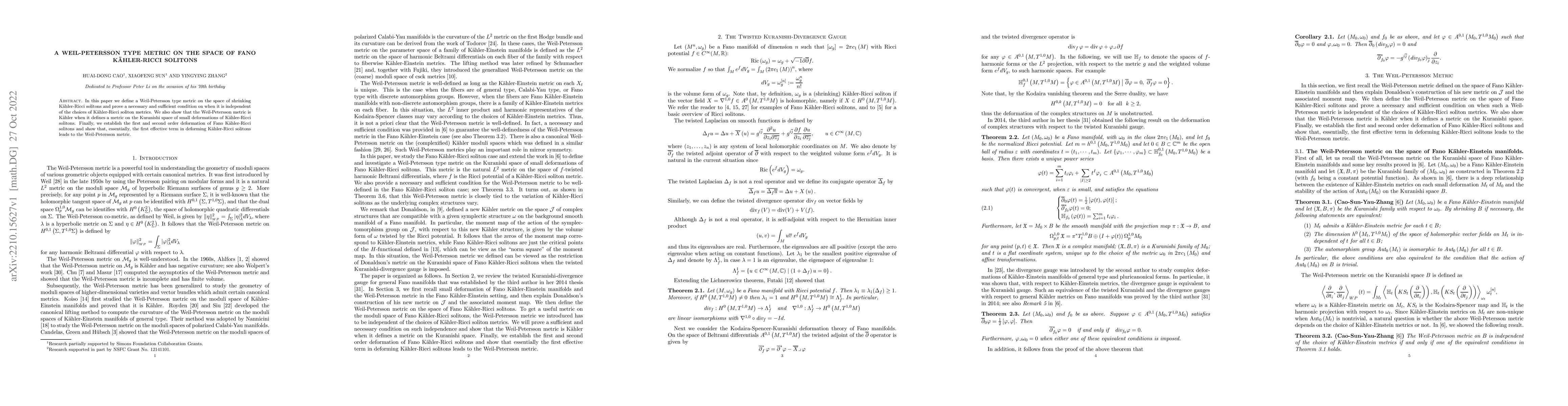 Thumbnail for A Weil-Petersson Type Metric on the Space of Fano Kaehler-Ricci Solitons