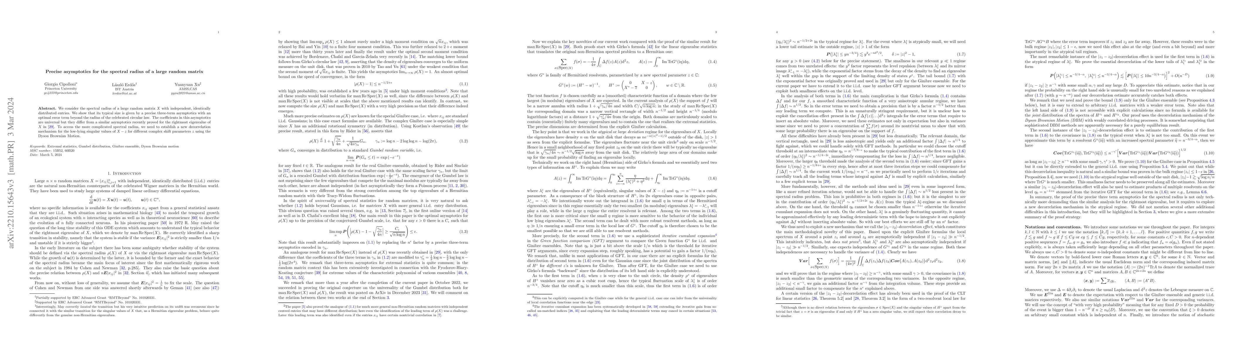 Thumbnail for Precise asymptotics for the spectral radius of a large random matrix