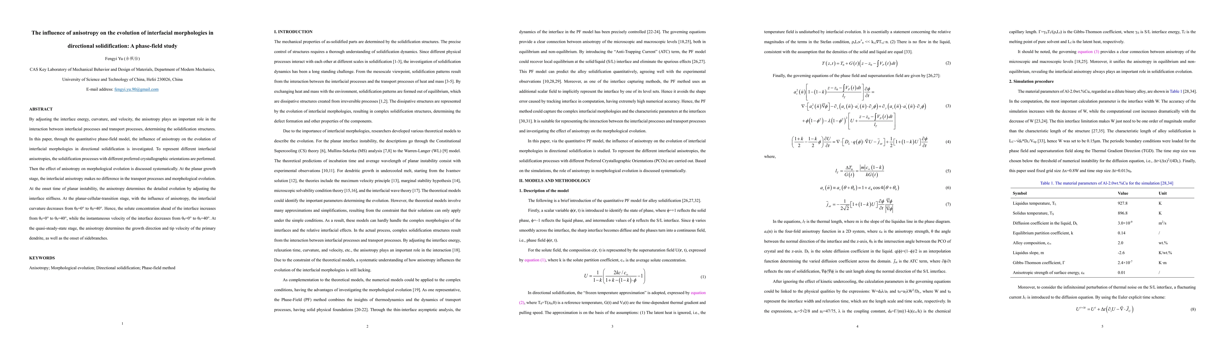 Thumbnail for The influence of anisotropy on the evolution of interfacial morphologies
  in directional solidification: A phase-field study