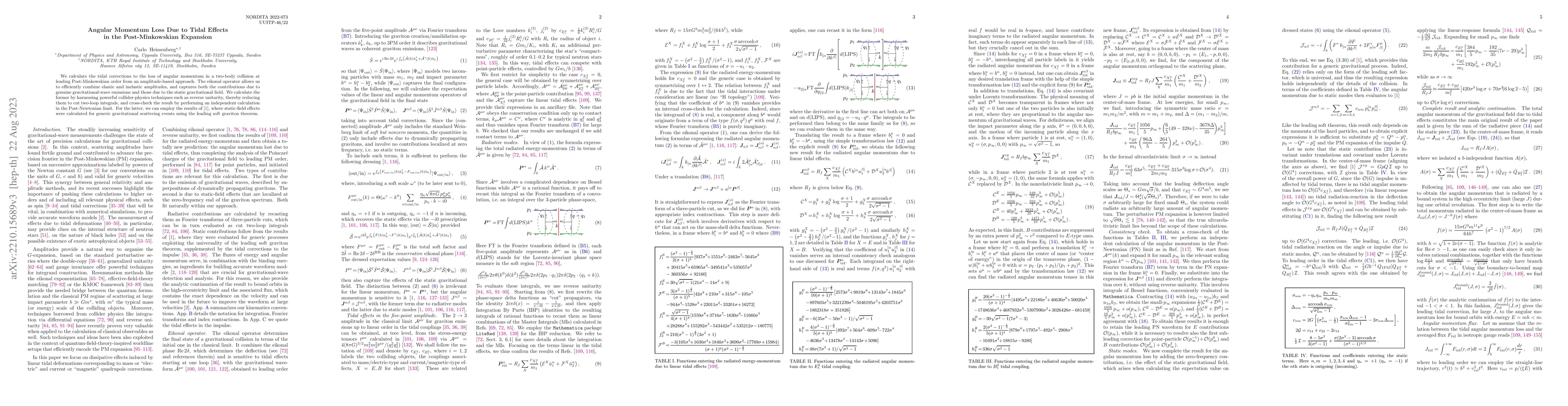 Thumbnail for Angular Momentum Loss Due to Tidal Effects in the Post-Minkowskian
  Expansion