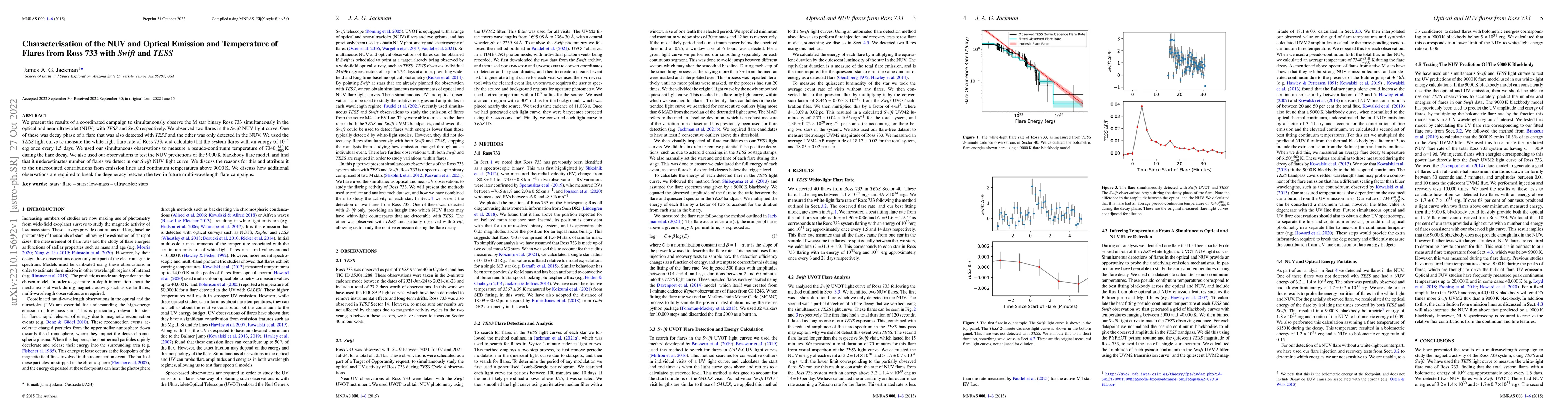 Thumbnail for Characterisation of the NUV and Optical Emission and Temperature of
  Flares from Ross 733 with Swift and TESS