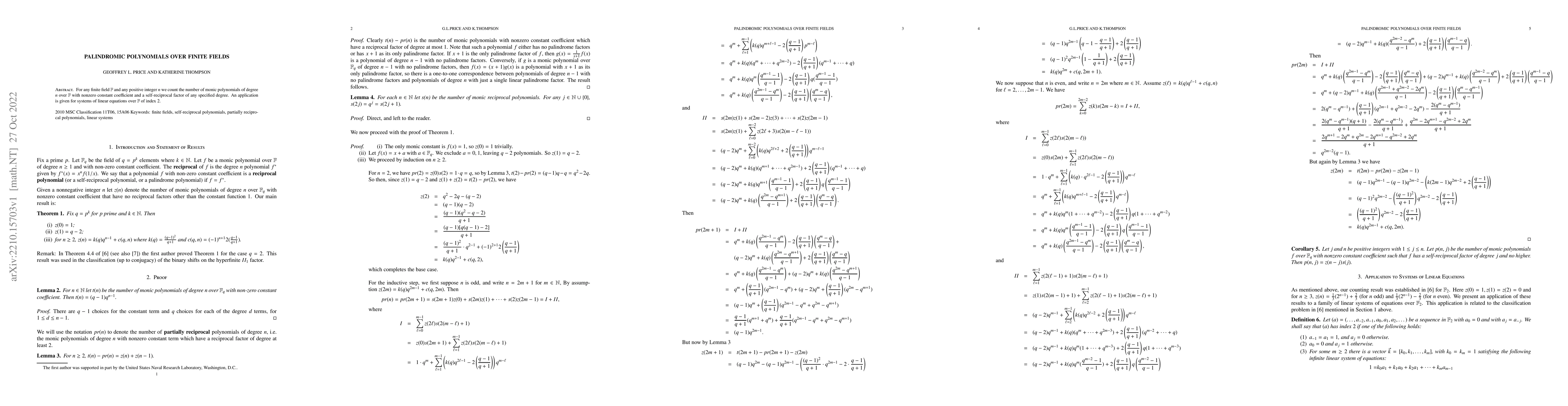 Thumbnail for Palindromic Polynomials over Finite Fields