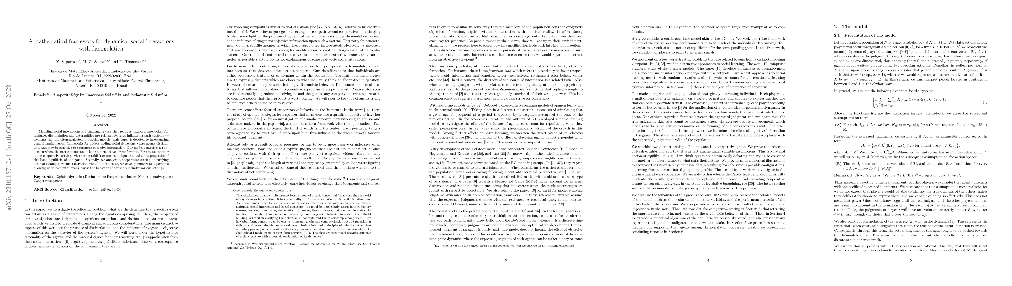 Thumbnail for A mathematical framework for dynamical social interactions with
  dissimulation
