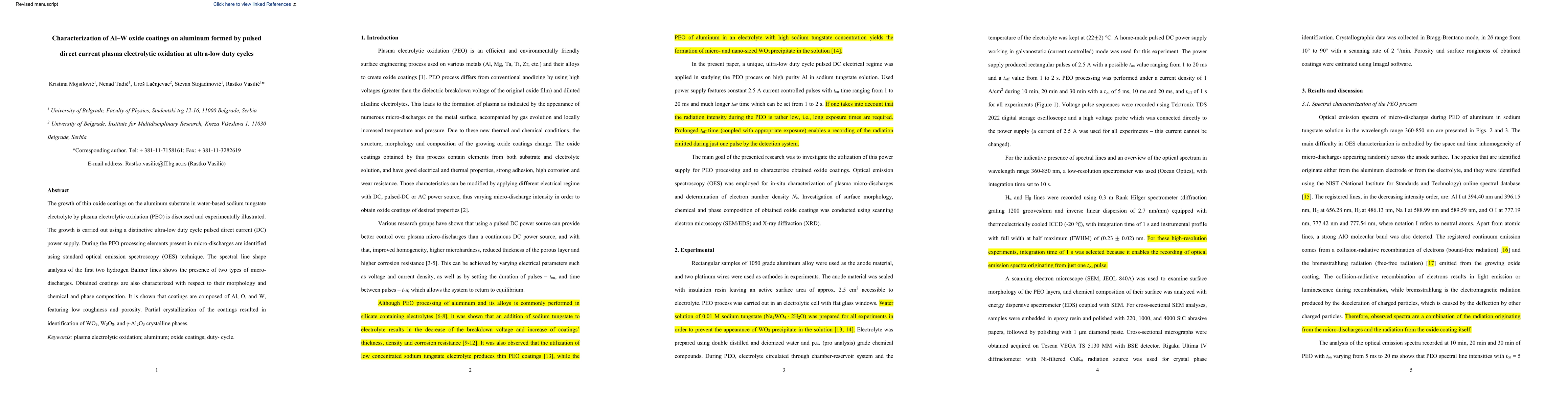 Thumbnail for Characterization of AlW oxide coatings on aluminum formed by pulsed
  direct current plasma electrolytic oxidation at ultralow duty cycles