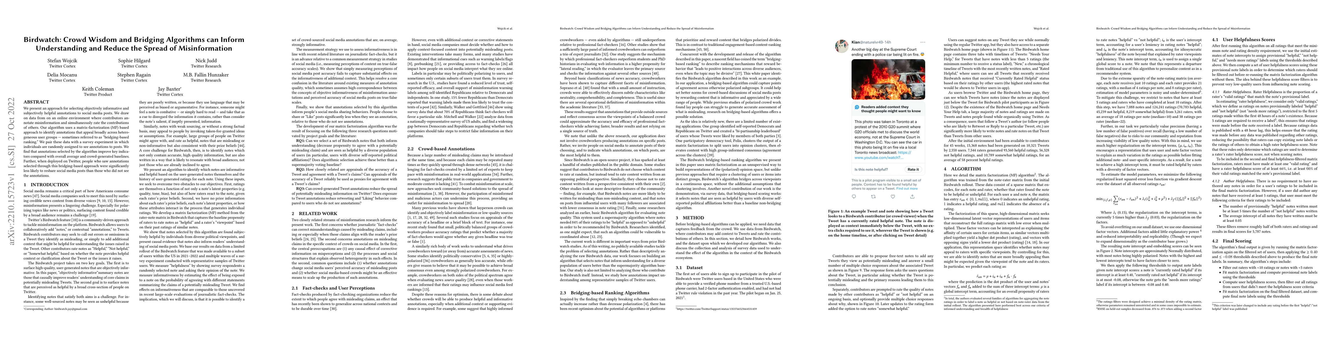 Thumbnail for Birdwatch: Crowd Wisdom and Bridging Algorithms can Inform Understanding
  and Reduce the Spread of Misinformation