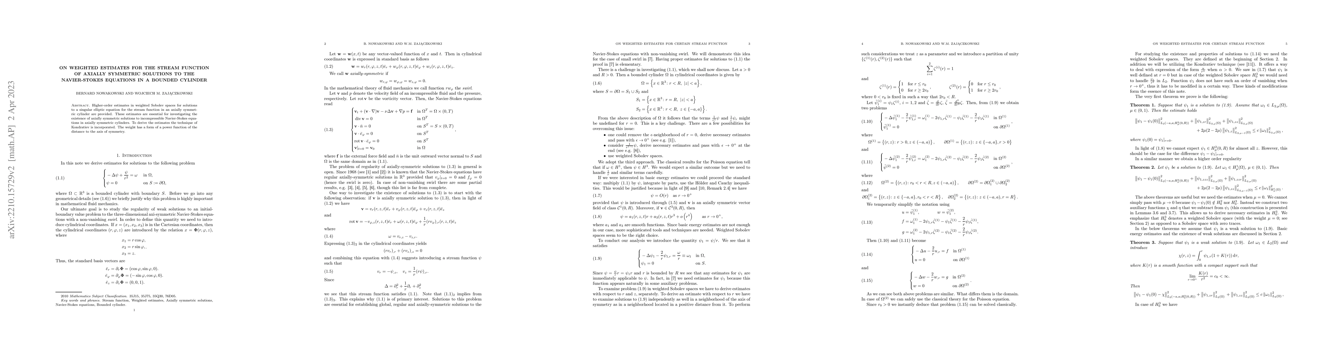 Thumbnail for On weighted estimates for the stream function of axially symmetric
  solutions to the Navier-Stokes equations in a bounded cylinder