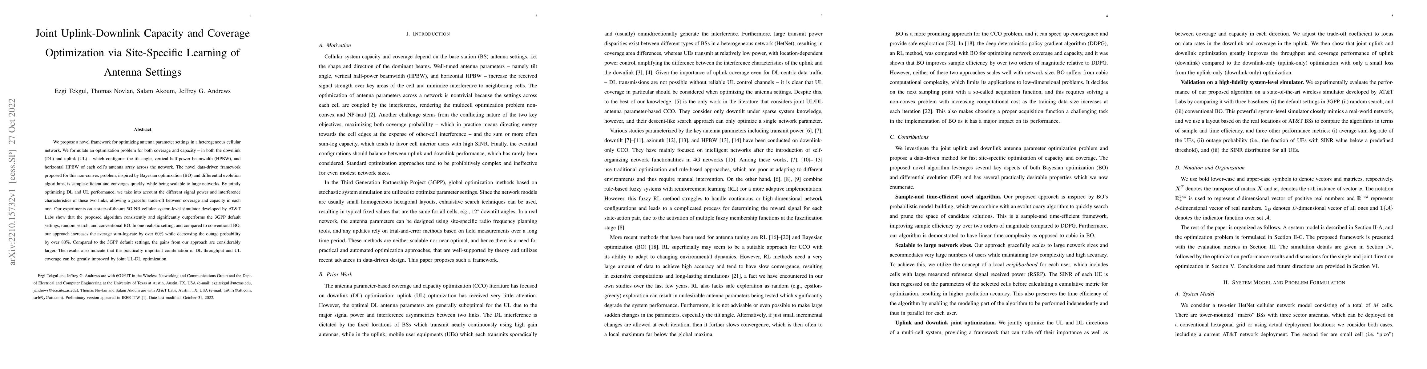 Thumbnail for Joint Uplink-Downlink Capacity and Coverage Optimization via
  Site-Specific Learning of Antenna Settings