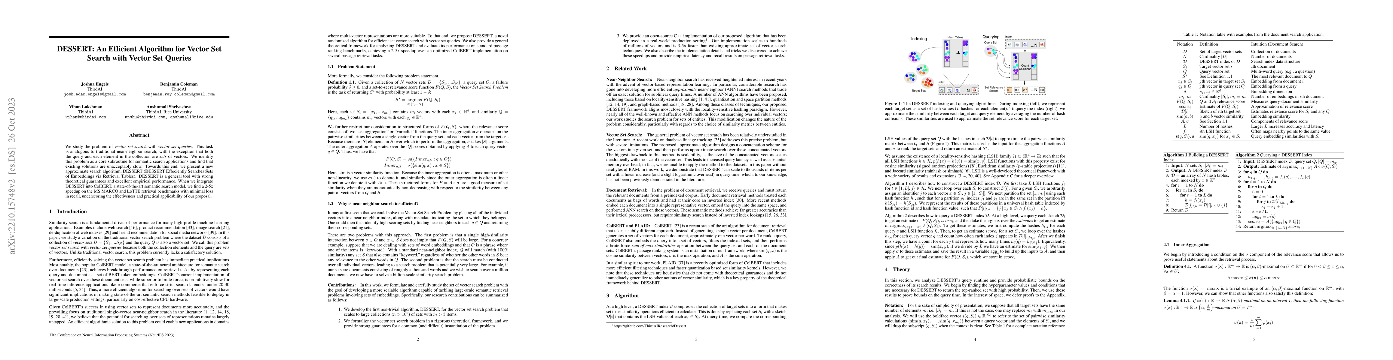 Thumbnail for DESSERT: An Efficient Algorithm for Vector Set Search with Vector Set
  Queries
