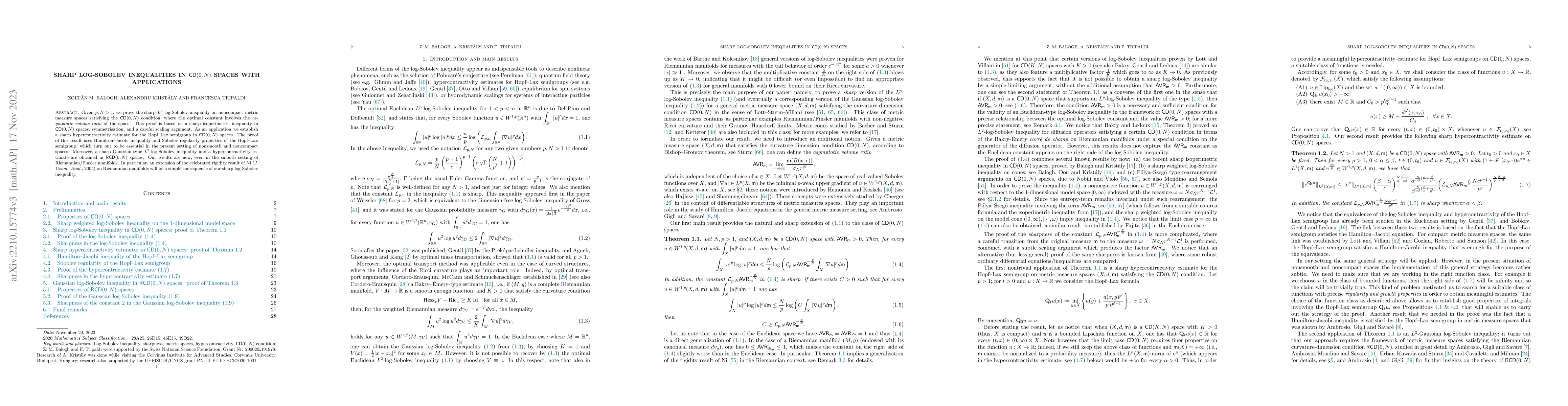 Thumbnail for Sharp log-Sobolev inequalities in ${\sf CD}(0,N)$ spaces with
  applications