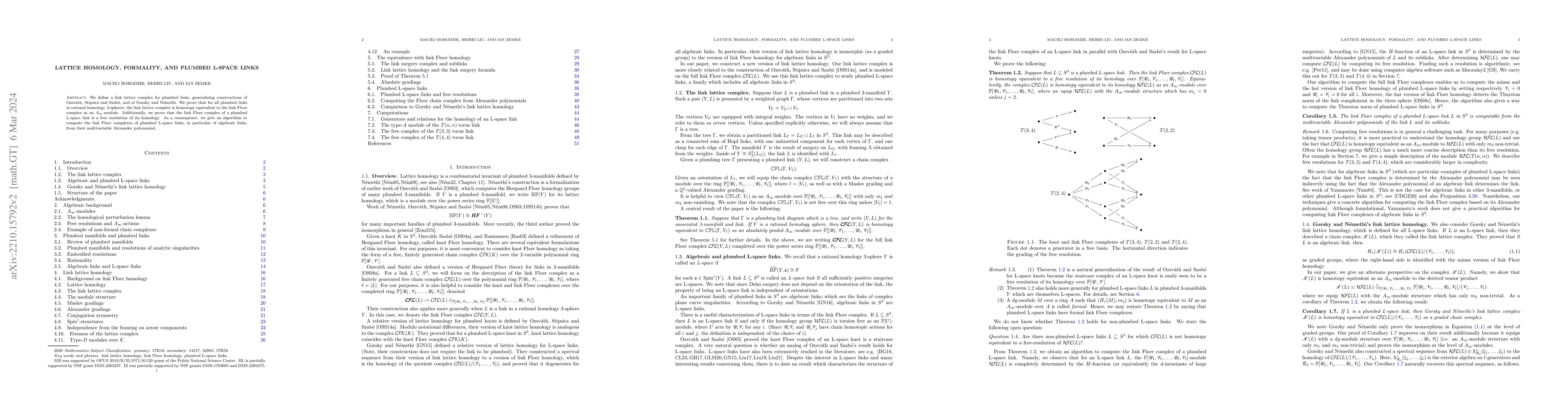Thumbnail for Lattice homology, formality, and plumbed L-space links