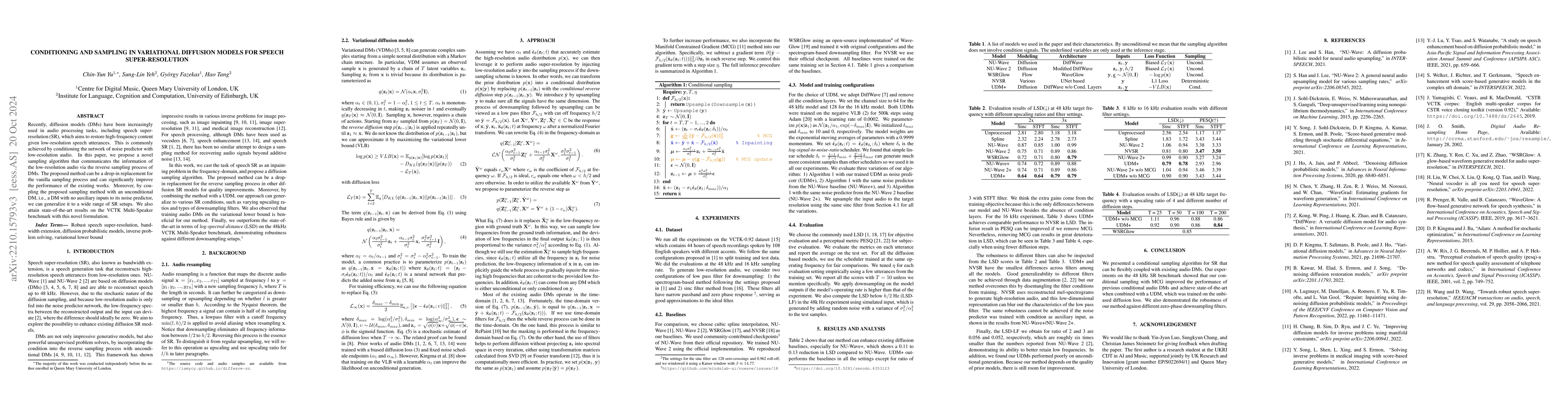 Thumbnail for Conditioning and Sampling in Variational Diffusion Models for Speech
  Super-Resolution