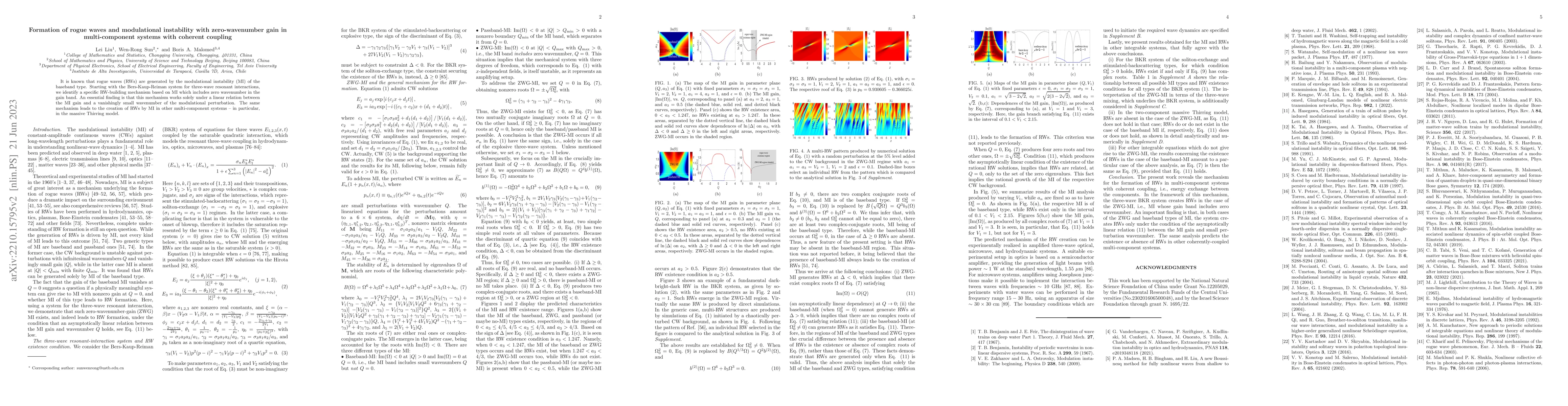 Thumbnail for Formation of rogue waves and modulational instability with
  zero-wavenumber gain in multi-component systems with coherent coupling