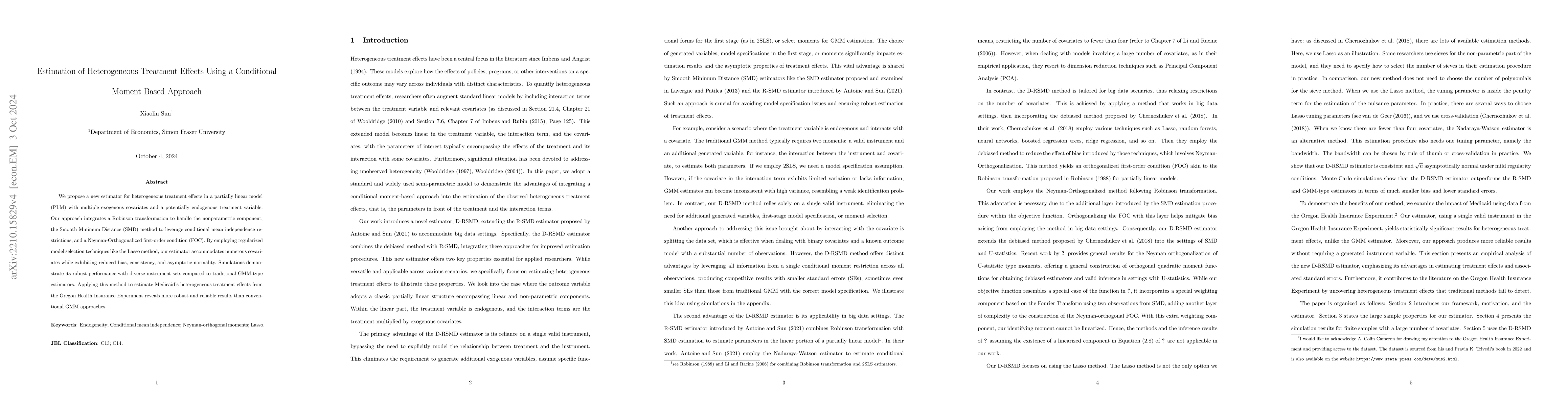 Thumbnail for Estimation of Heterogeneous Treatment Effects Using a Conditional Moment
  Based Approach