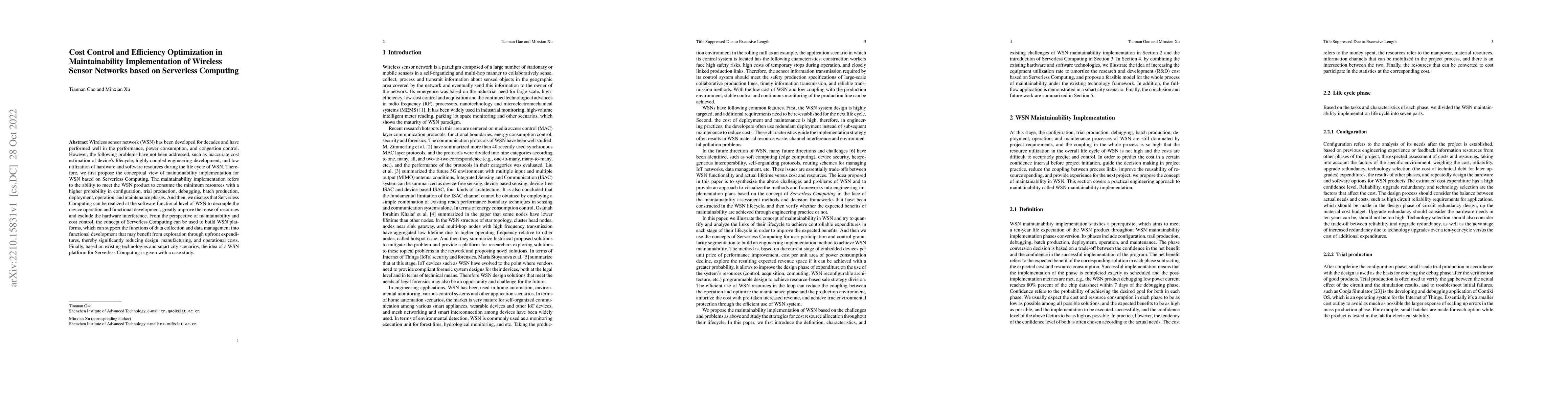 Thumbnail for Cost Control and Efficiency Optimization in Maintainability
  Implementation of Wireless Sensor Networks based on Serverless Computing
