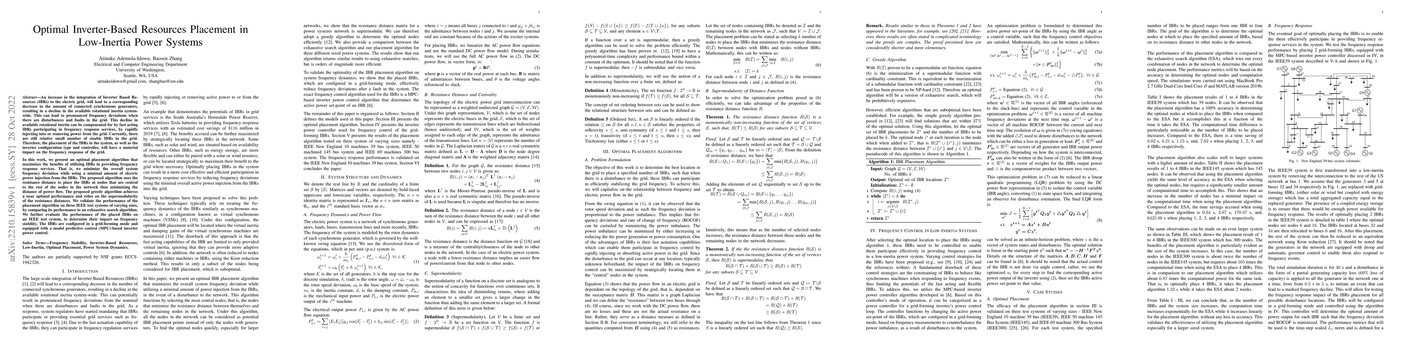 Thumbnail for Optimal Inverter-Based Resources Placement in Low-Inertia Power Systems