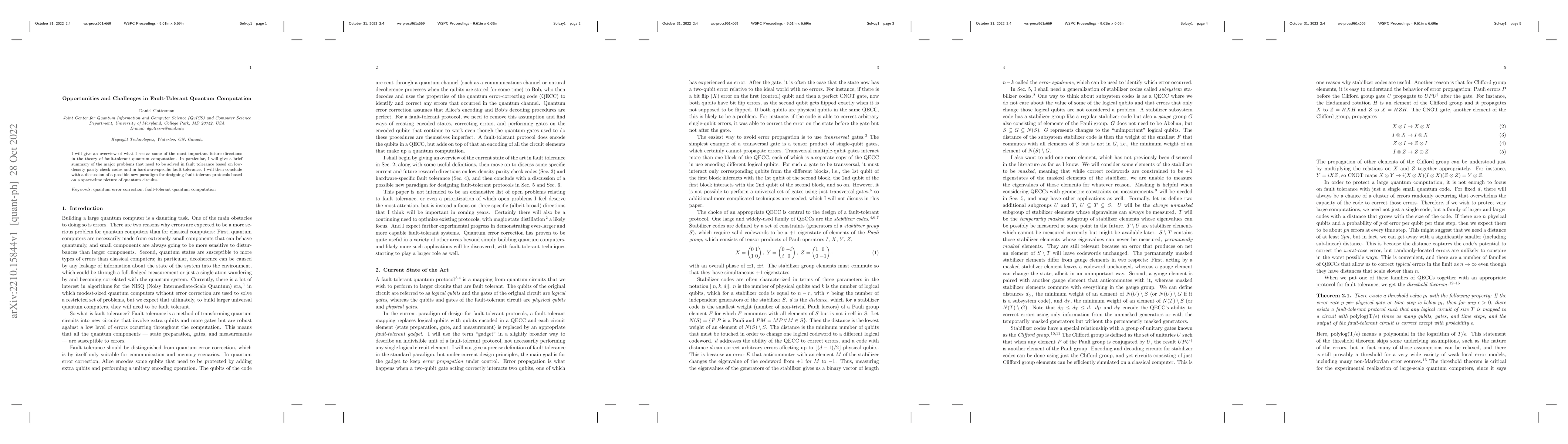 Thumbnail for Opportunities and Challenges in Fault-Tolerant Quantum Computation