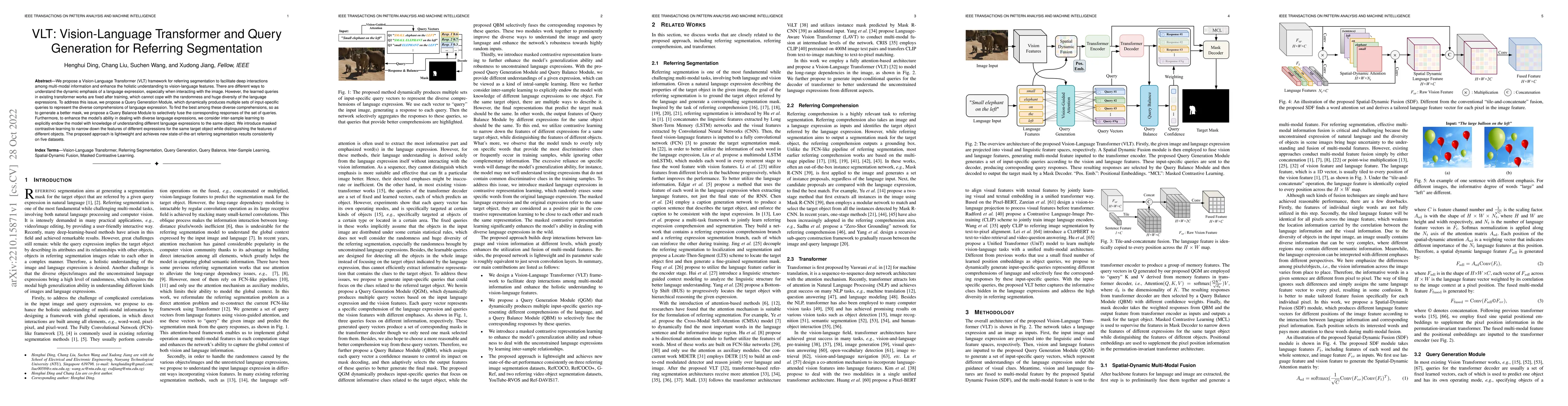 Thumbnail for VLT: Vision-Language Transformer and Query Generation for Referring
  Segmentation