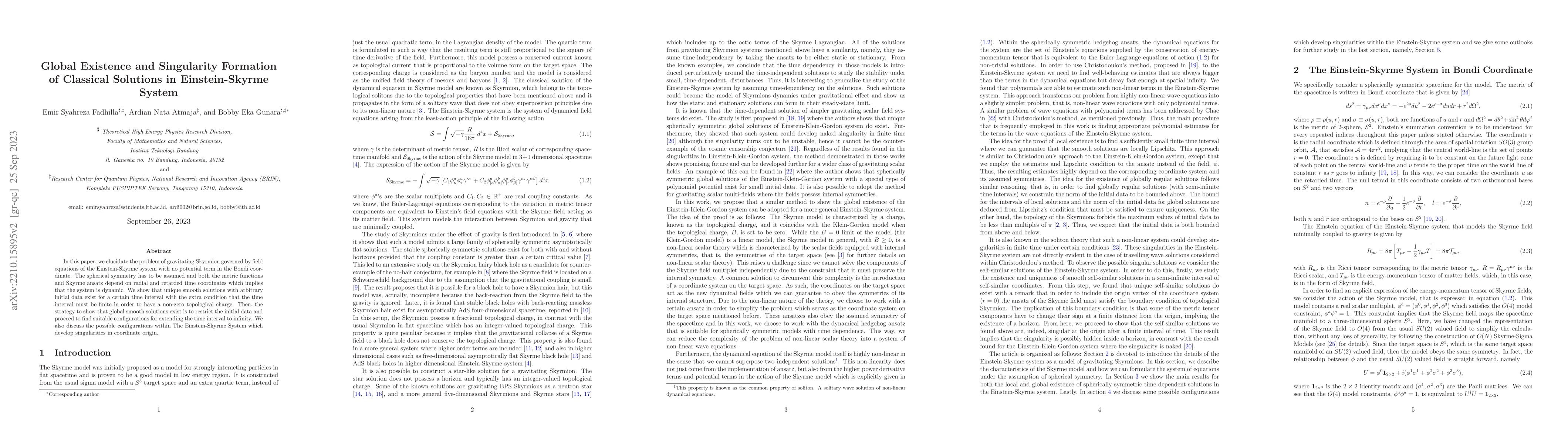 Thumbnail for Global Existence and Singularity Formation of Classical Solutions in
  Einstein-Skyrme System