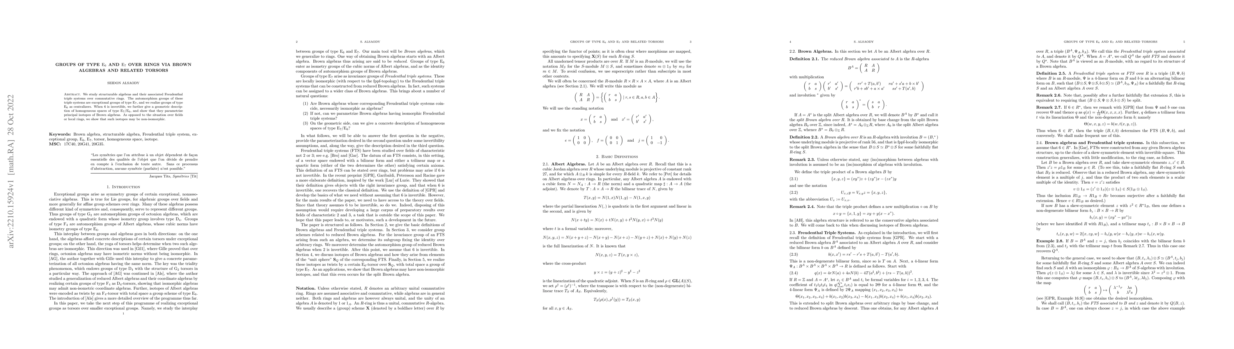 Thumbnail for Groups of type $\mathrm{E}_6$ and $\mathrm{E}_7$ over Rings via Brown
  Algebras and Related Torsors
