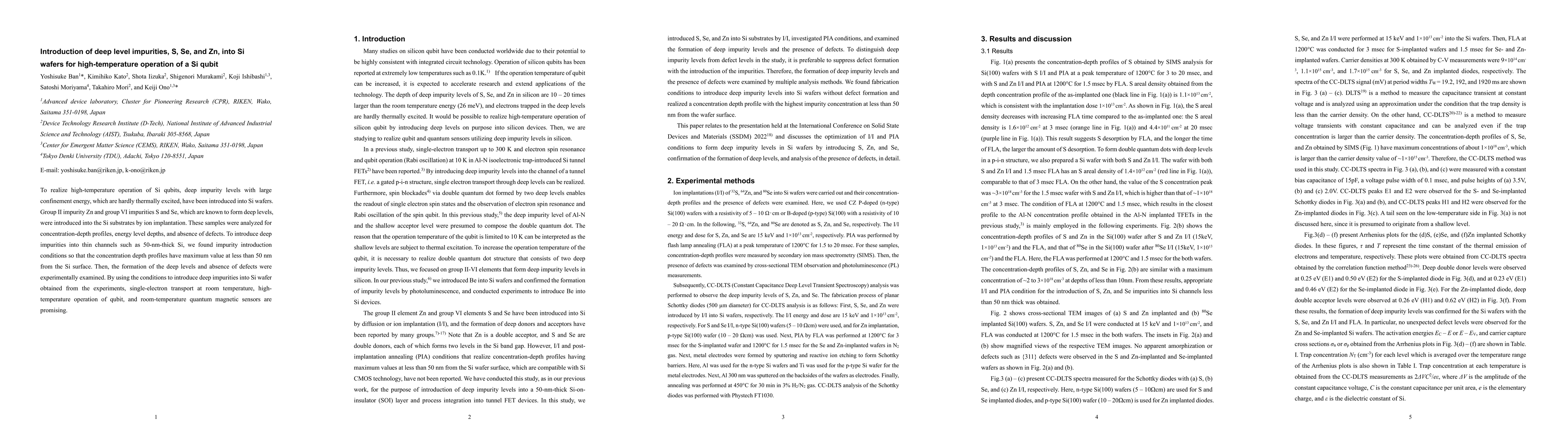 Thumbnail for Introduction of deep level impurities, S, Se, and Zn, into Si wafers for
  high-temperature operation of a Si qubit