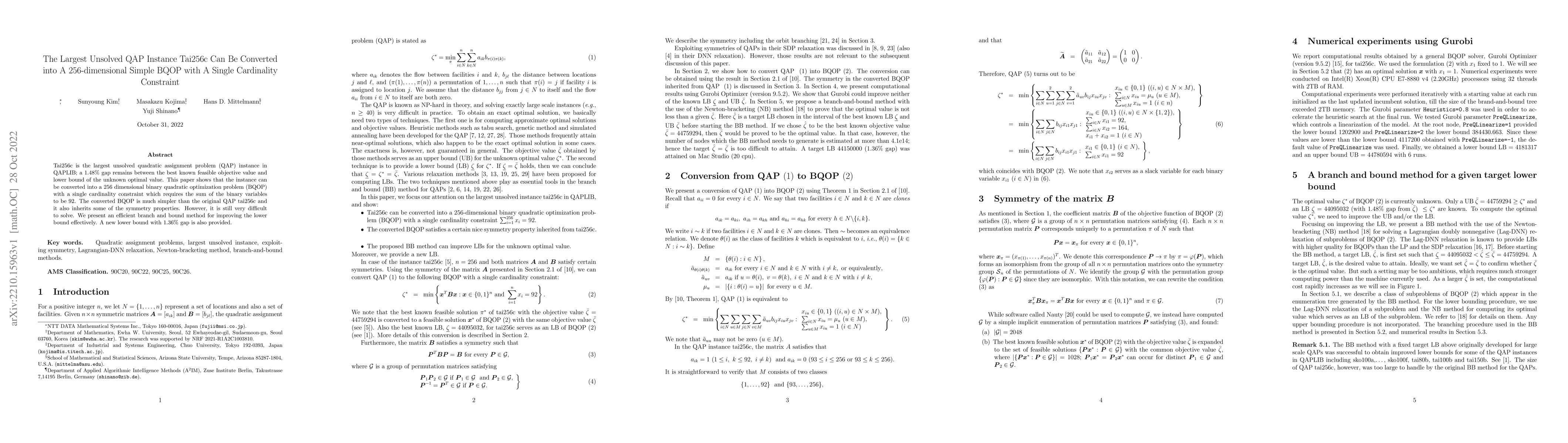 Thumbnail for The Largest Unsolved QAP Instance Tai256c Can Be Converted into A
  256-dimensional Simple BQOP with A Single Cardinality Constraint