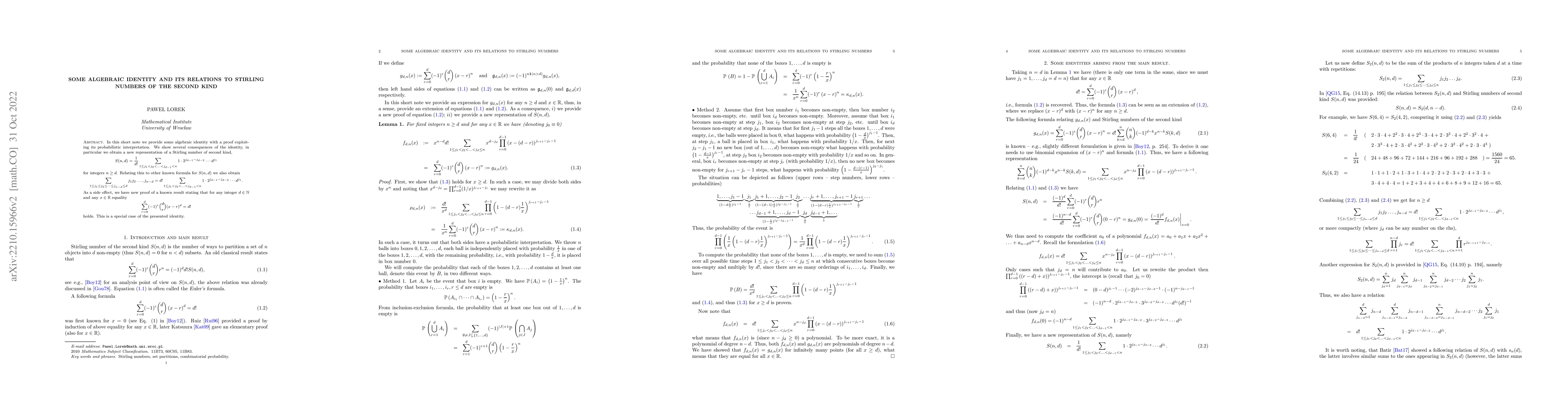 Thumbnail for Some algebraic identity and its relations to Stirling numbers of the
  second kind