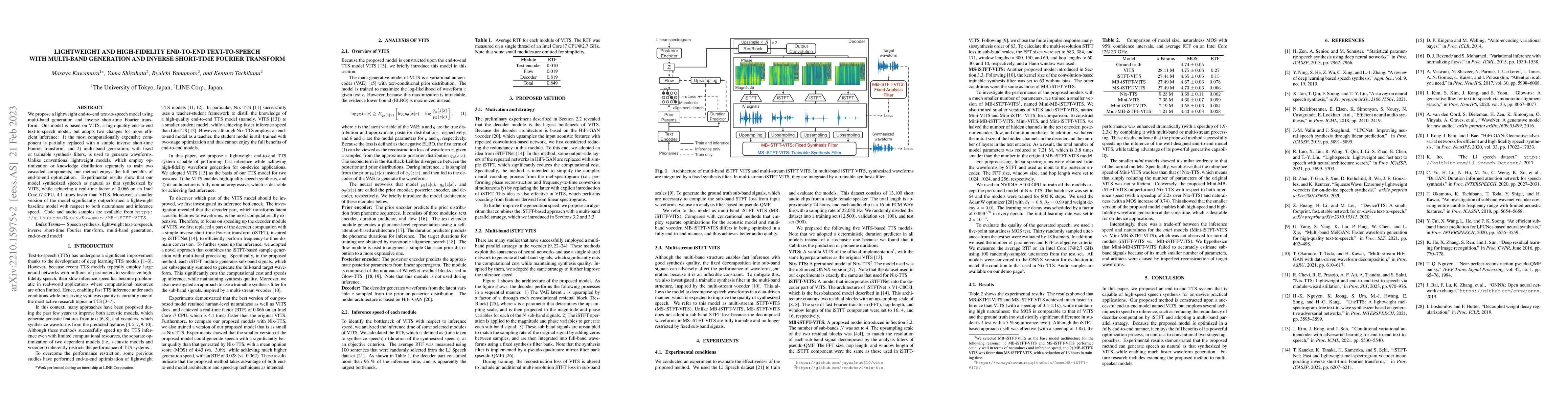 Thumbnail for Lightweight and High-Fidelity End-to-End Text-to-Speech with Multi-Band
  Generation and Inverse Short-Time Fourier Transform