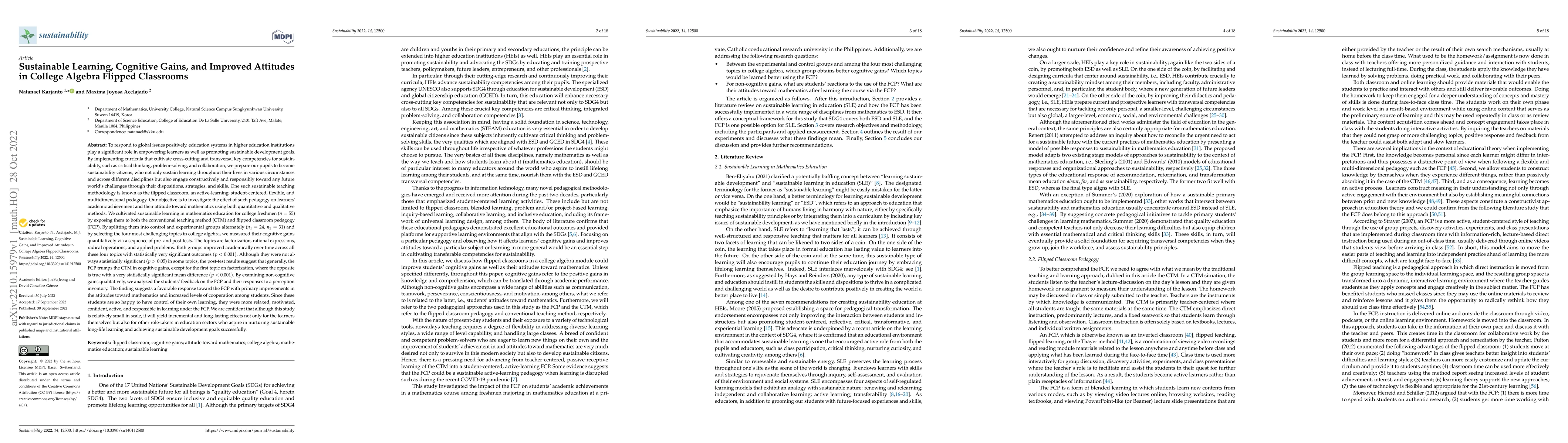 Thumbnail for Sustainable learning, cognitive gains, and improved attitudes in College
  Algebra flipped classrooms