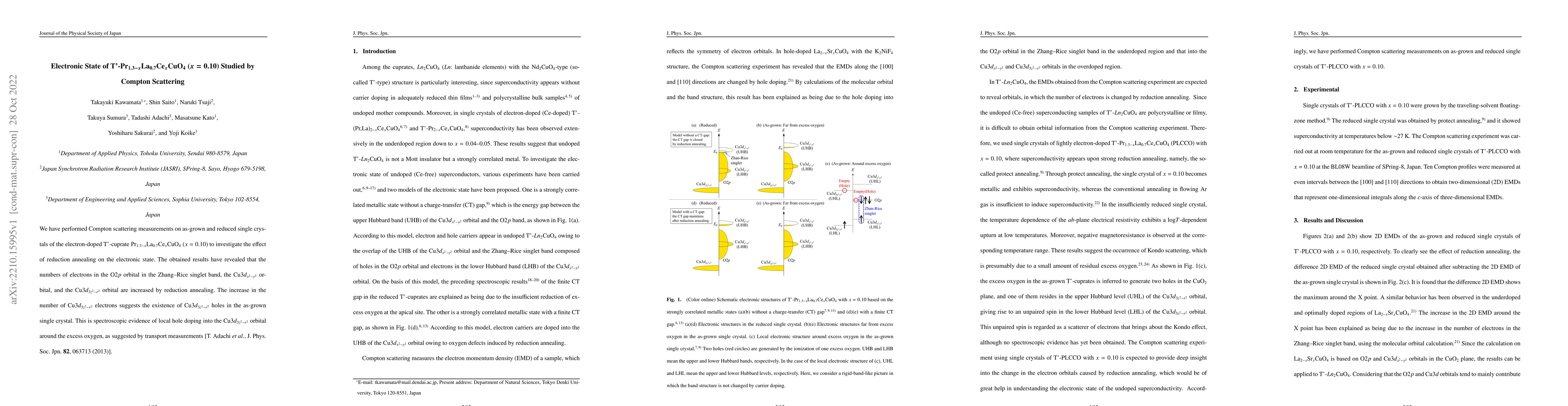 Thumbnail for Electronic State of T'-Pr$_{1.3-x}$La$_{0.7}$Ce$_x$CuO$_4$ ($x = 0.10$)
  Studied by Compton Scattering
