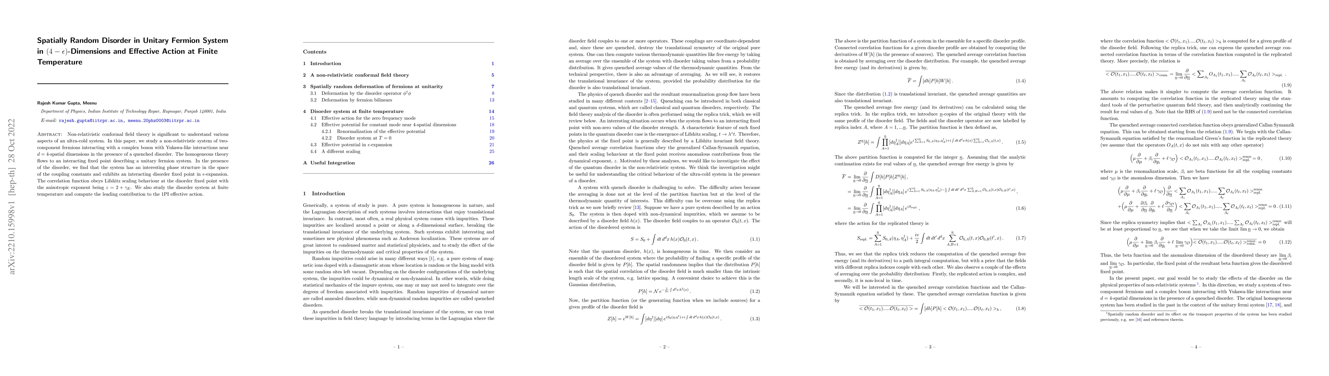 Thumbnail for Spatially Random Disorder in Unitary Fermion System in
  $(4-\epsilon)$-Dimensions and Effective Action at Finite Temperature