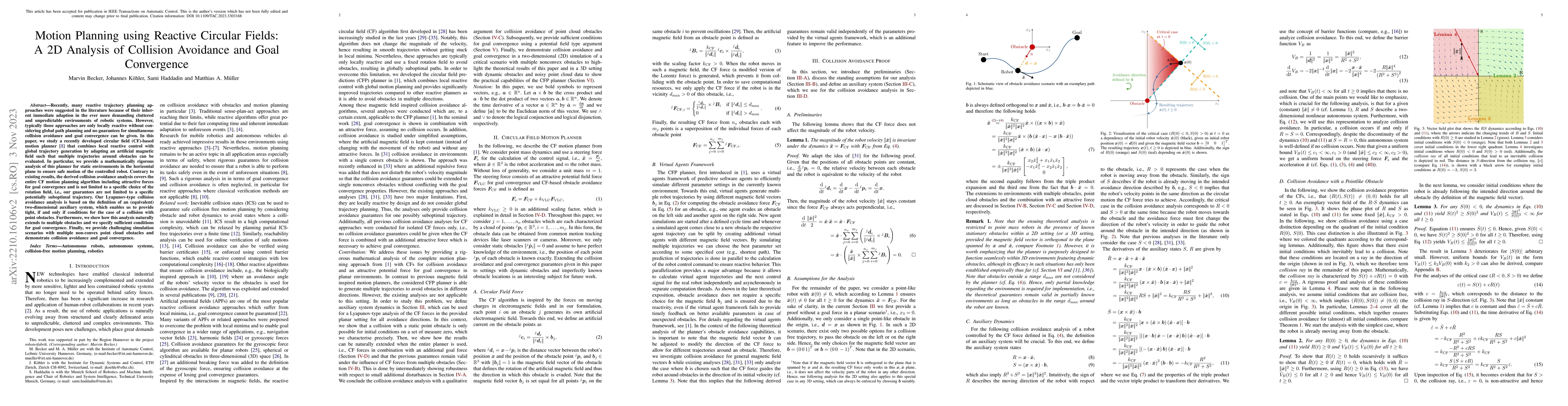 Thumbnail for Motion Planning using Reactive Circular Fields: A 2D Analysis of
  Collision Avoidance and Goal Convergence