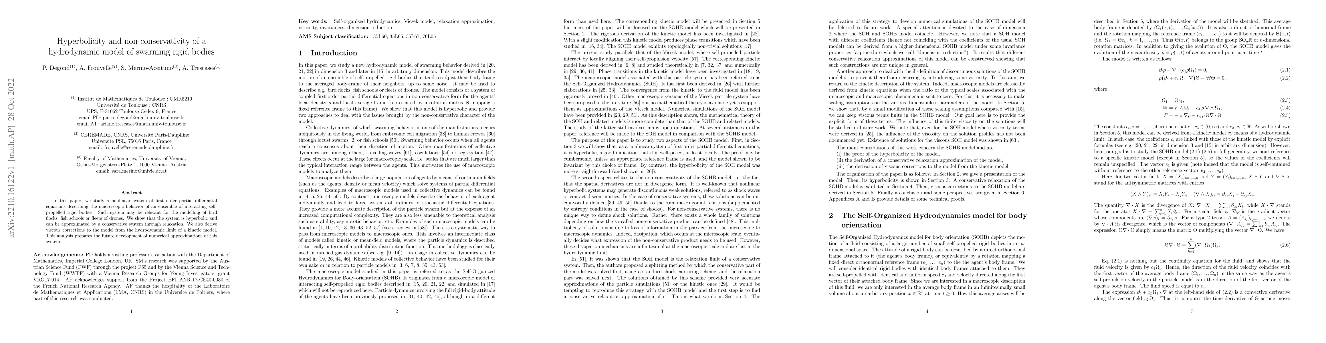 Thumbnail for Hyperbolicity and non-conservativity of a hydrodynamic model of swarming
  rigid bodies