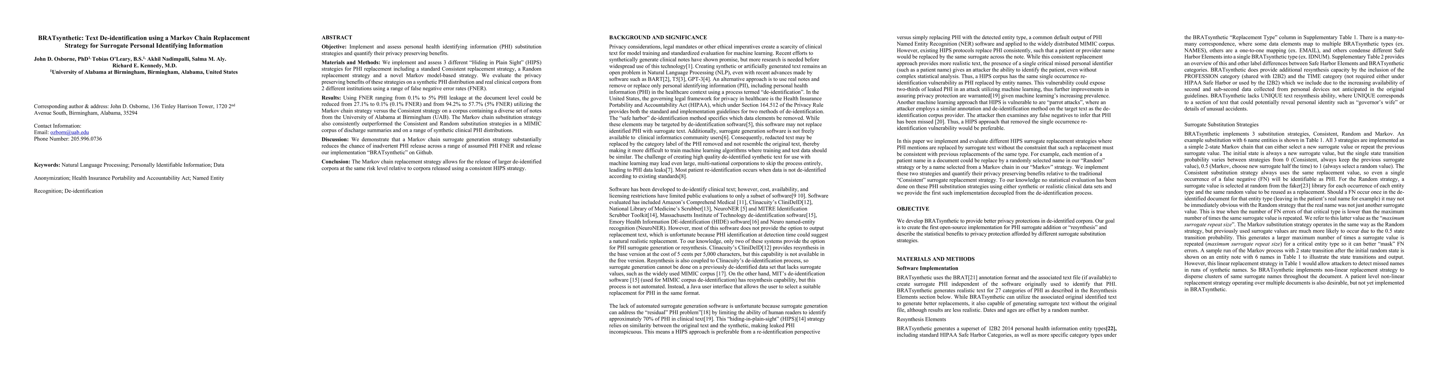 Thumbnail for BRATsynthetic: Text De-identification using a Markov Chain Replacement
  Strategy for Surrogate Personal Identifying Information