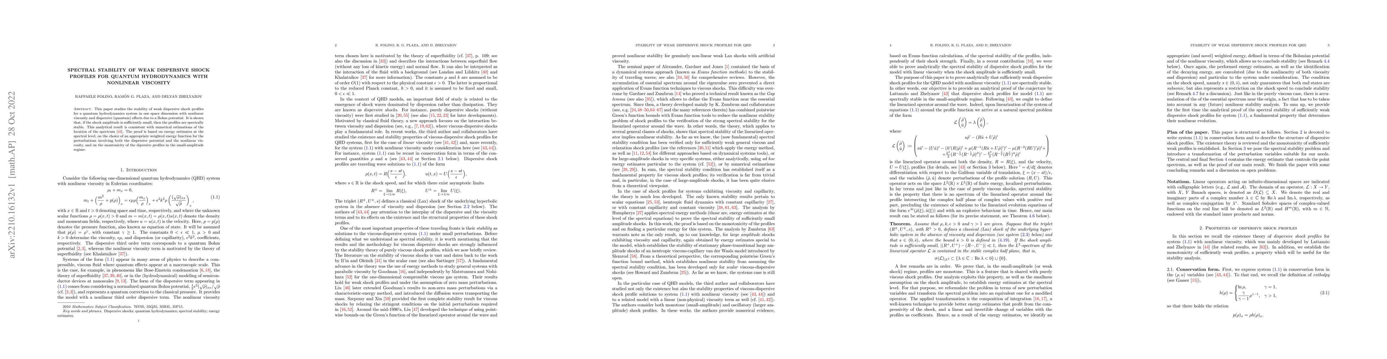 Thumbnail for Spectral stability of weak dispersive shock profiles for quantum
  hydrodynamics with nonlinear viscosity