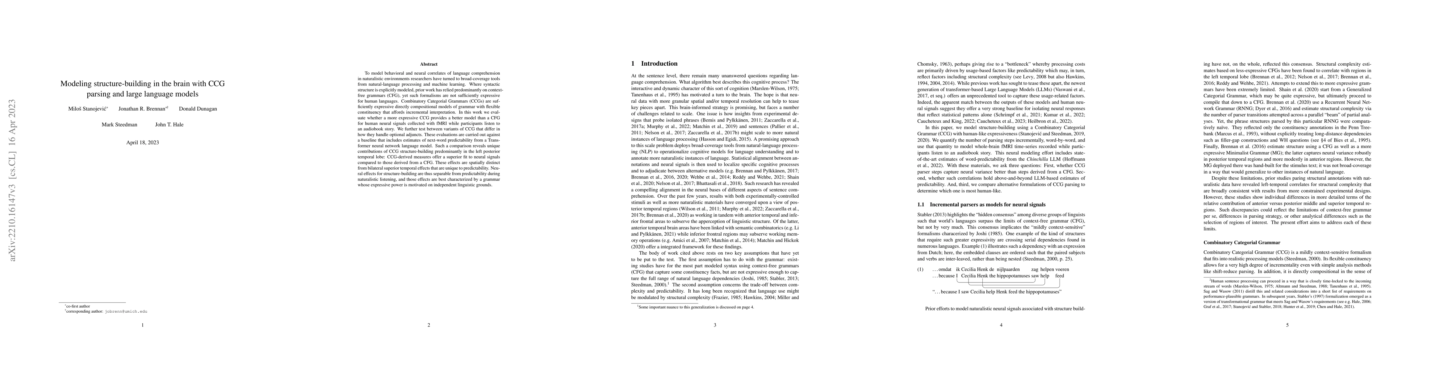 Thumbnail for Modeling structure-building in the brain with CCG parsing and large
  language models