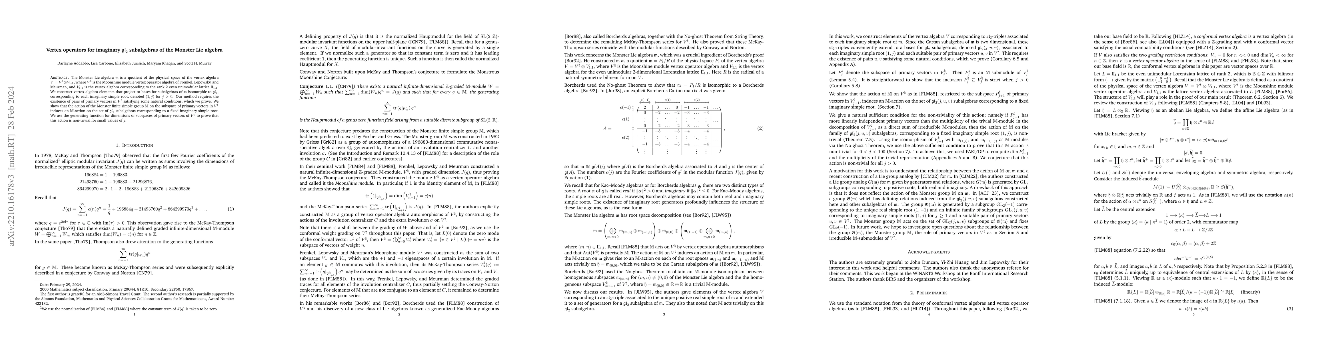 Thumbnail for Vertex operators for imaginary $\mathfrak{gl}_2$ subalgebras in the
  Monster Lie Algebra