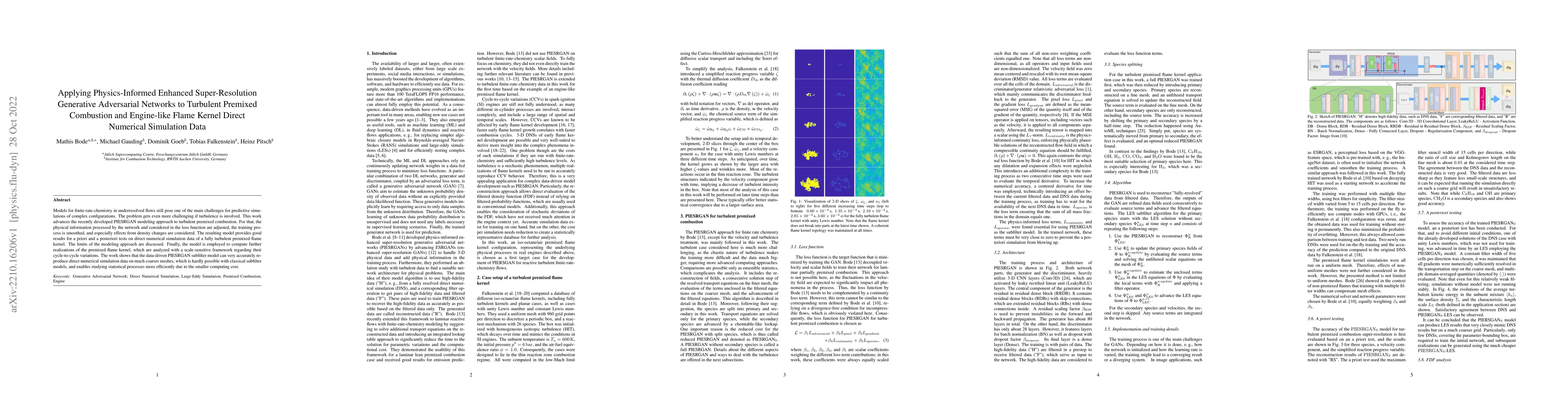 Thumbnail for Applying Physics-Informed Enhanced Super-Resolution Generative
  Adversarial Networks to Turbulent Premixed Combustion and Engine-like Flame
  Kernel Direct Numerical Simulation Data